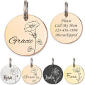 Anavia Floral Pet ID Tags, Birth Month Flowers Theme Dog Tag Round Bone Shape Cat Name Tag, Glossy Stainless Steel Gold Plated Dog Collar Tag (Round - Single Stem - Rose Gold, Medium)