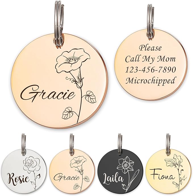 Anavia Floral Pet ID Tags, Birth Month Flowers Theme Dog Tag Round Bone Shape Cat Name Tag, Glossy Stainless Steel Gold Plated Dog Collar Tag (Round - Single Stem - Rose Gold, Medium)