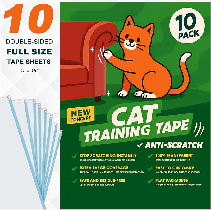 Cat Scratch Deterrent Tape – 10 Double-Sided Anti-Scratching Sticky Tape – Protect Furniture & Train Cats to Stop Scratching – Effective Cat Training Tape for Sofas & Couches