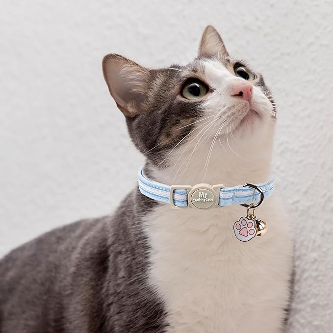 Cat Collar, 2 Pack Pink&Blue Stripe Kitty Collar, Cute Breakaway Kitten Collar with Bell&Pendent, Soft Cotton Collar with Safety Buckle for Female Male Cats