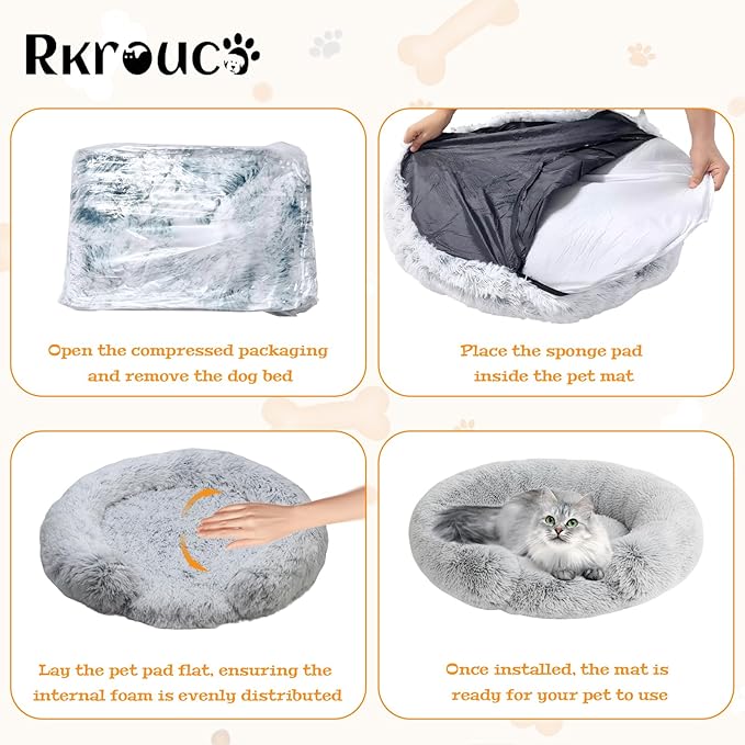 Fluffy Dog Bed Calming Donut Beds for Large Dogs Warming Round Small Medium Pet Nest Cozy Cat Mattress Indoor Washable Puppy Kennel Kittens Sleep Mat (S, 23.6×23.6 inch, Gradient Gray)