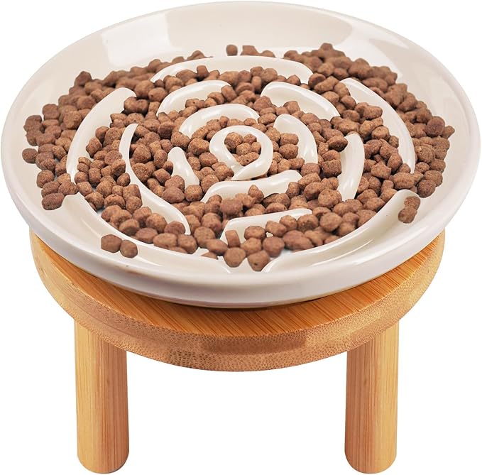 Elevated Slow Feeder Cat Bowls, Ceramic Cat Slower Feeding Bowl with Bamboo Stand, 5.9 Inch Wide Shallow Cats Bowls Whisker Friendly, Anti Vomiting Cats Slow Feeder for Dry or Wet Food Dishwasher Safe