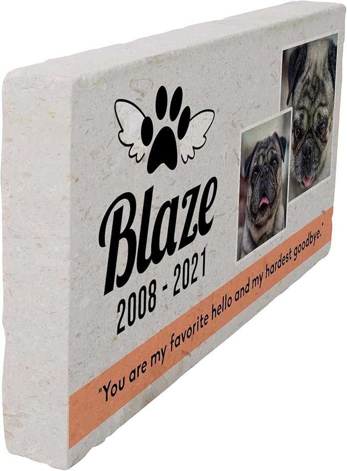 Personalized Pet Memorial with Keepsake Photo on Limestone - Headstones, Garden Stones, and Grave Markers for Dogs - Dog Memorial Stone, Pet Memorial Gifts - 12”x 6”x1.25" C (C. Blaze Design)