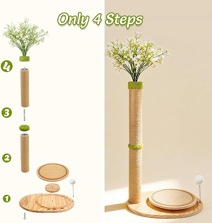 Cute Babys Breath Flower Cat Scratching Post, 39" Tall Cat Tree, Interactive Cat Toys with Ball Track & Spring Ball, Cat Scratcher with Pad for Indoor Cats Adults and Kittens