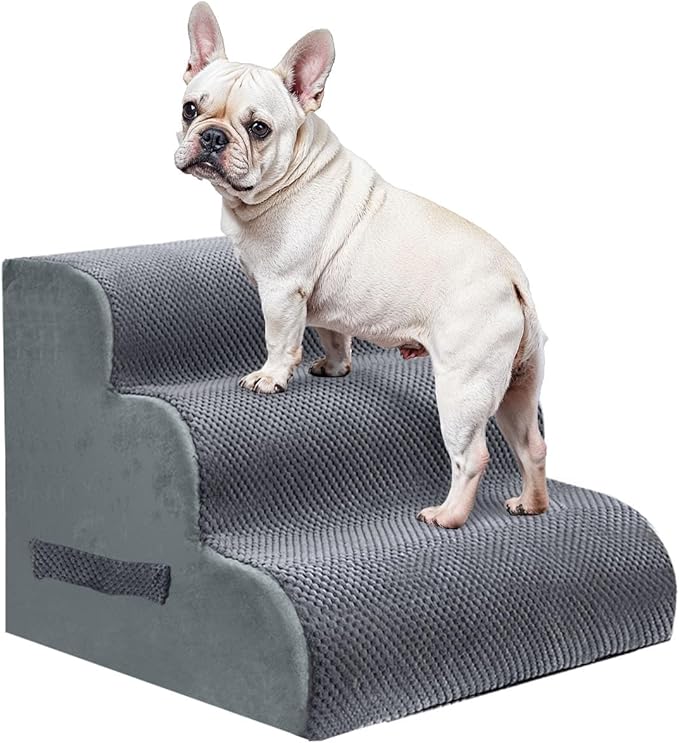 PAWSCART Dog Stairs for Small Pets, 15.7" H with 30D Material Soft Foam, Portable Ramp Non-Slip Surface Non-Slip for Couch and High Bed Climbing, 3-Step Stairs for Cat or Dog, Grey