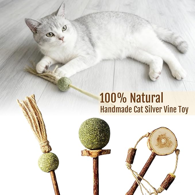 3 PCS Natural Catnip Cat Toys Set - Cat Nip Chew Toy with Silver Vine & Sisal Rope for Kitten Teething, Dental Care, Anxiety Relief - Durable Cat Toy for Indoor Cats, Kittens to Adults