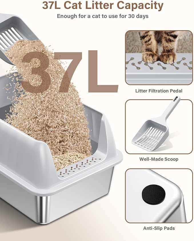 Stainless Steel Cat Litter Box XL with Lid, Enclosed Metal Extra Large Litter Box Pan High Sided with Scoop for Big Cats, Non-Sticky, Anti-Urine Leakage, Easy Cleaning