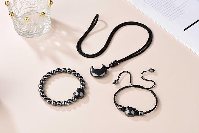 Black Obsidian Cat Bracelet and Moon Pendant Necklace Jewelry Set-Cat Lover Gifts,Wealth Attraction,Good Luck,Bead Bracelet,Mindfulness,Beaded Bracelets, Obsidian Pendant Necklace-Cute Gifts for Women