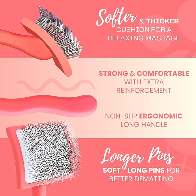 Premium Slicker Brush With Soft Massage Grooming Stainless Steel Pins - For Dematting, Shedding Fur, and Undercoat - Ideal Gift for Professional Pet Groomers - Long Slicker Brush (Coral, Curved Large)