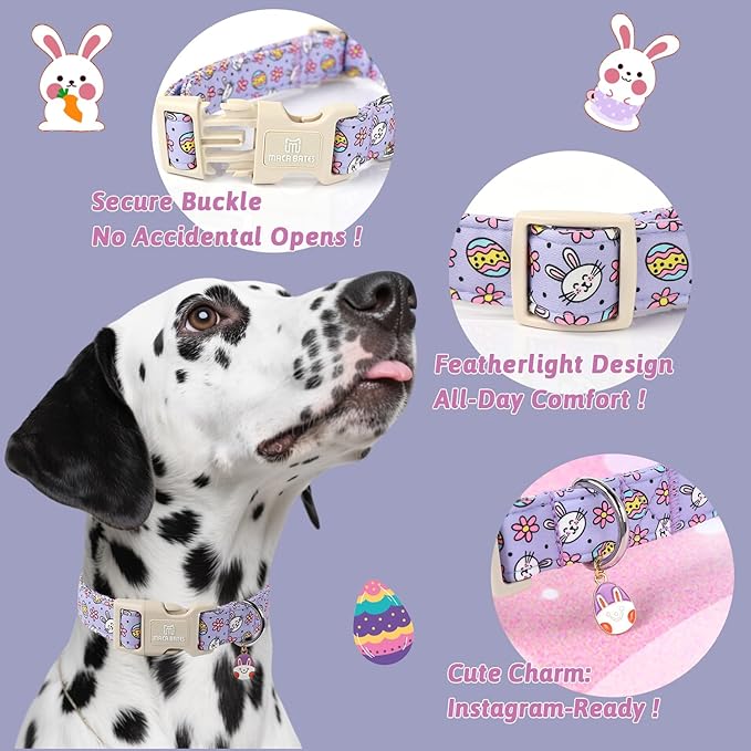 Maca Bates Easter Day Purple Egg and Bunny Dog Baisc Collar for Extra Small Boy Girl Dogs,Cute Eggs Soft Durable Adjustable Easters Rabbit Puppy Collors Gift for Male Female Pet