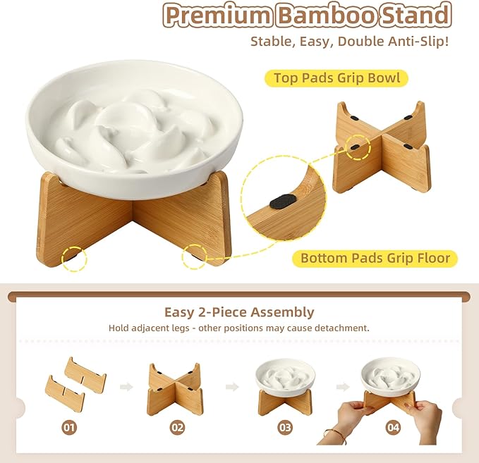 Elevated Slow Feeder Cat Bowl - Ceramic Cat Food Dish with Anti-Slip Bamboo Stand - Whisker Friendly Feeding Bowl - Raised Maze Plate for Slow Down Eating - Ivory White