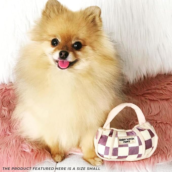 Haute Diggity Dog Checker Chewy Vuiton Handbag, Plush Designer Dog Toys with Interactive Squeaker, Stimulating Pet Enrichment, Machine-Washable & Safe Materials for All Breeds, Size Small