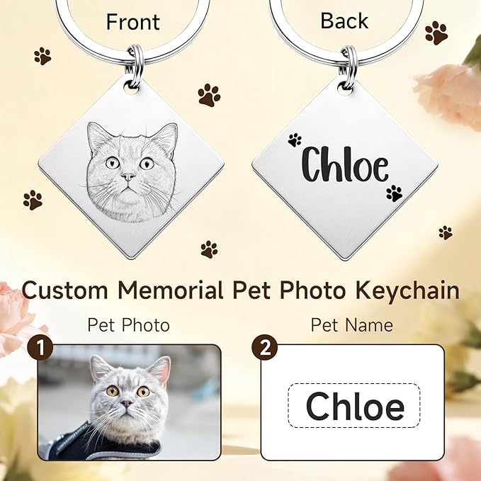 Custom Dog or Cat Portrait Keychain, Personalized Photo Engraved Keychains with Name, Customized Pet Memorial Gifts for Loss of Pets (Diamond Shape)