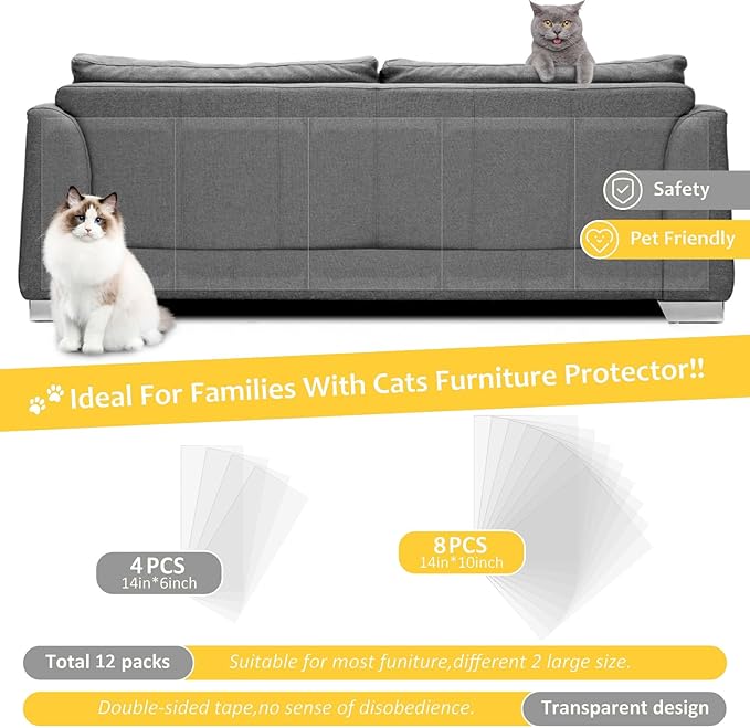 HappyFreeSX Couch Protector for Cats, 12 Pack Double Sided Sofa Anti Scratching Sticky Tape, Cat Scratch Deterrent Tape, Anti Cat Scratch Furniture Protectors from Cats