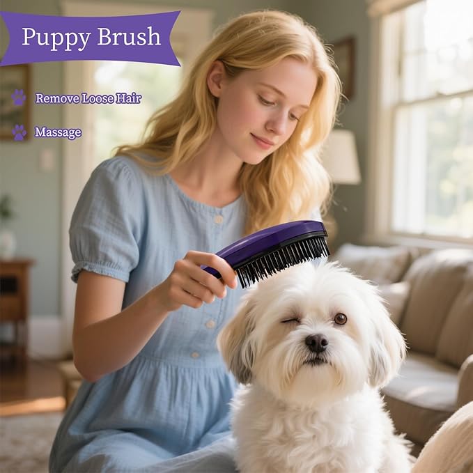 Comma-Shaped Small Dog Brush and Cleaning Comb, Fit for Yorkie, Shih Tzu, Maltese Maltipoo Pomeranian - Gentle Soft Bristles for Effortless Pet Hair Removal, Puppy Essentials (Dark Purple)