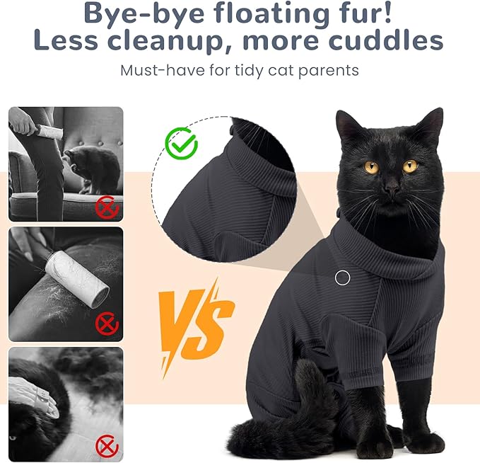 Sticky Hair Cat Clothes, Breathable & Lightweight, Reduces Shedding Fur Pajamas, Full Body Long Sleeve Surgical Bodysuit, Stop Licking & Shedding Darkgrey XS