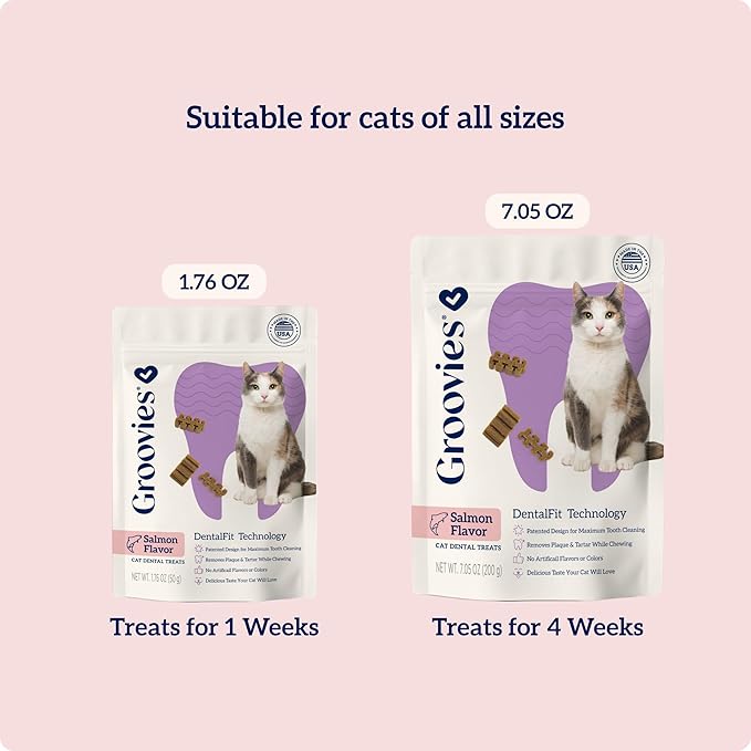Groovies Cat Daily Dental Treats. Tasty, Crunchy Bites Cats Love. Powered by USA-Patented DentalFit Tech. No Gluten or Artificial Flavors or Colors. 1.76oz Each bag - (2 pack) of (1)Salmon & (1)Tuna