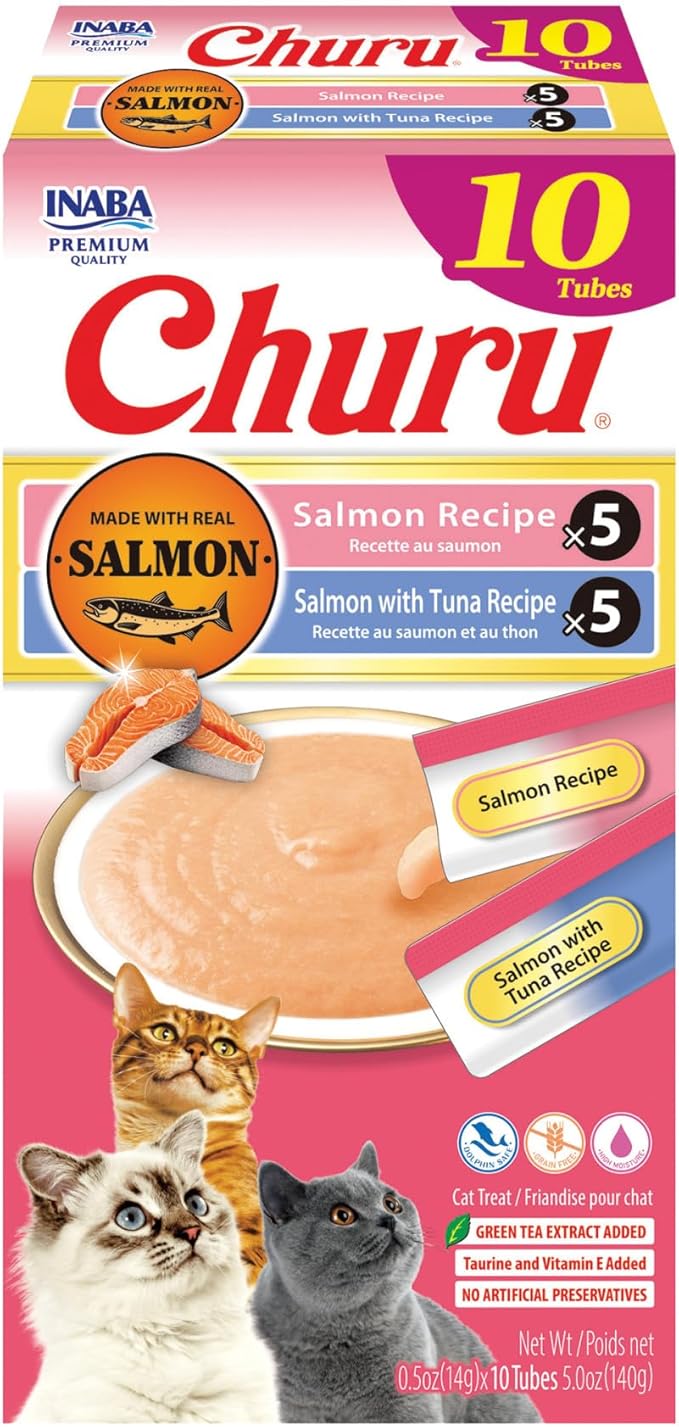 INABA Salmon Churu Cat Treats, Lickable, Squeezable Creamy Purée Cat Treat with Green Tea Extract & Taurine, 0.5 Ounces Each Tube, 10 Tubes, Salmon & Tuna Variety