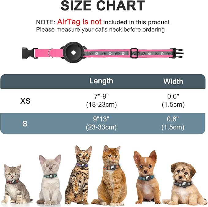 Reflective AirTag Cat Collar, Integrated Cat Tracker Collar with Air Tag Holder and Bell, Safety Elastic Band Cat GPS Collars for Girl Boy Cats, Kittens and Puppies (Hotpink,XS)