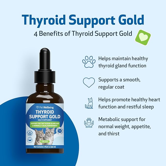 Pet Wellbeing Thyroid Support Gold for Cats - Holistic Thyroid Balance with Bugleweed & Lemon Balm, Feline Metabolic Health Supplement - NASC Certified & Vet-Formulated - 2 oz Liquid Formula