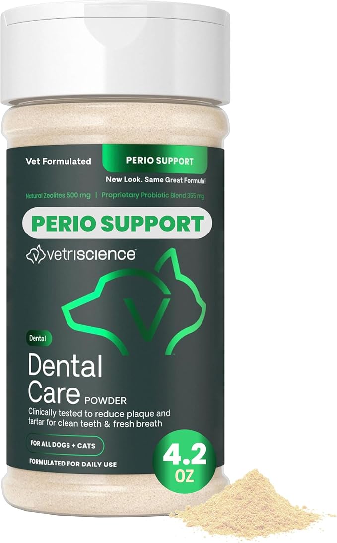 VetriScience Dental Care Powder, Clinically Tested Dental Supplement for All Dogs & Cats, Freshen Breath, Control Plaque & Tartar, Oral Health with Probiotics, Perio Support, 4.2 oz