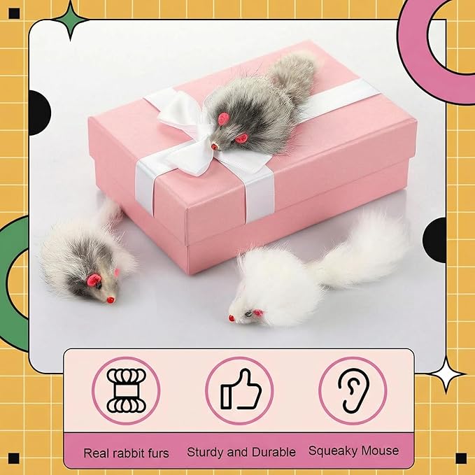 Hungdao 24 Pcs Furry Mice Interactive Catch Play Rabbit Fur Mouse Rattle Sound Rat Plush for PET Cats and Kittens, 3 Colors (White,Black,Gray)