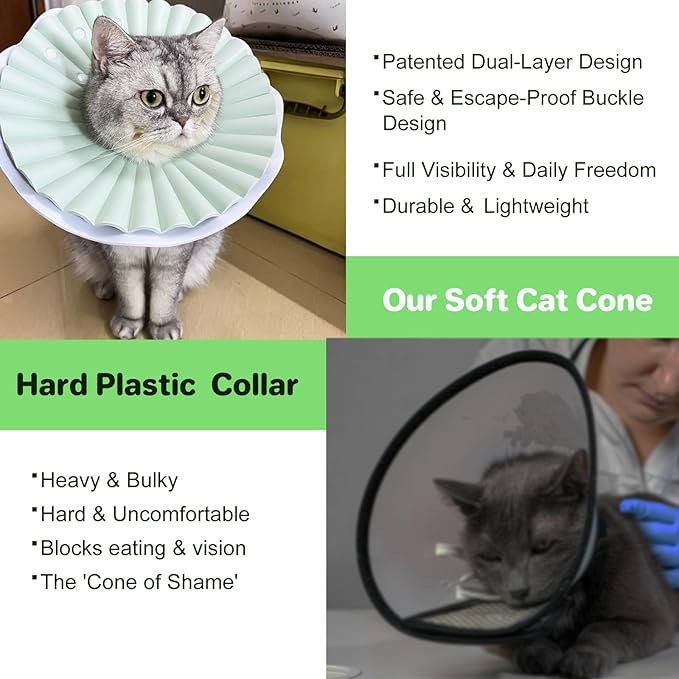 2 Pieces Soft Cat Cone Collar– Adjustable Lightweight Recovery E-Collar to Stop Licking, Scratching & Biting After Surgery, Comfortable Wound Healing Cone Alternative (Green, S)