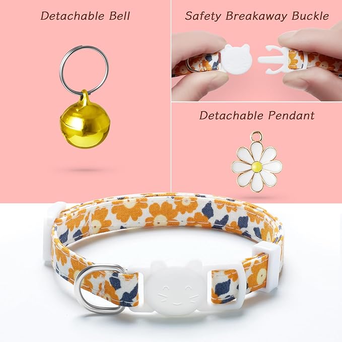 LAFAYI 4 Pack Cotton Breakaway Cat Collar with Bell & Flowers Pendant,Cute Pet Kitten Collar for Girl Boy Cats,Pet Supplies,Stuff,Accessories,Gifts