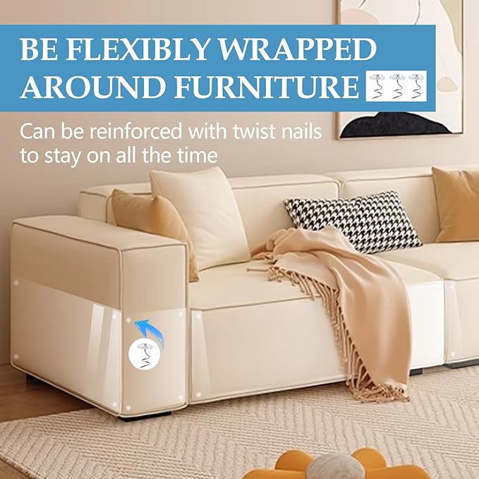 Anti Cat Scratch Furniture Protector, 157x15 Inch Transparent PVC Couch Protector from Cat Claws, Heavy Duty, Easy to Apply Protect Sofa Corners, Doors, Walls, Recliner - with 30 Twist Pins