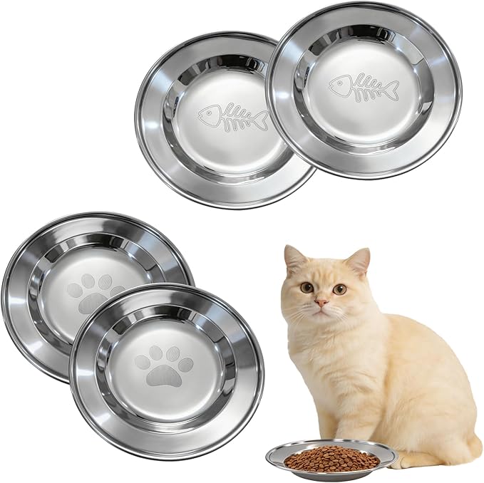 4-Pack Stainless Steel Cat Bowls, 6.3” Shallow Cat Bowl, Whisker-Friendly to Help Reduce Whisker Fatigue, Thickened & Durable Cat Dishes for Cats and Kittens, Dishwasher Safe