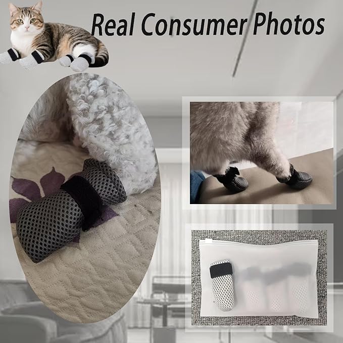Cat Mittens to Prevent Scratching,Mesh Breathable Cat Shoes Booties,Adjustable Cats Anti Scratch Gloves,Suitable for Cats When Bathing and Nail Trimming（4 PCS ）