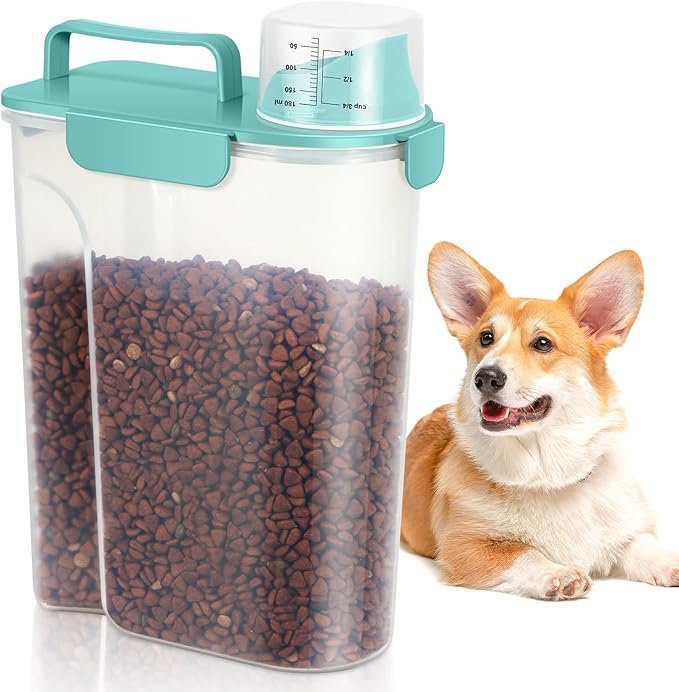5-7 Lbs Dog Cat Food Storage Container, Portable Travel Pet Food Storage Container with Measuring Cup, Easy-Pouring Bird Seed Dispenser, Airtight Rice Cereal Oatmeal Flour Dispenser -Green