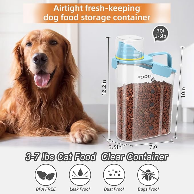 2Pack Cat Dog Food Storage Container Upgraded Large Nozzle BPA-free, 3-5 LBS Plastic Pet Food Storage Containers, With 4 Sealed Clasps, 1 Measuring Cup and Handle (Sunshine Blue)