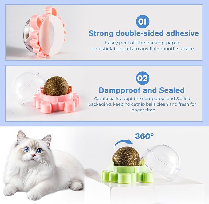 4 Packs Catnip Ball for Cats, Lickable Cat Toys Wall Mount with 360° Rolling & Spinning, Organic Cat Nip Chew Toys for Teeth Cleaning, Mint Magic Catnip Ball Toy for Indoor Cats