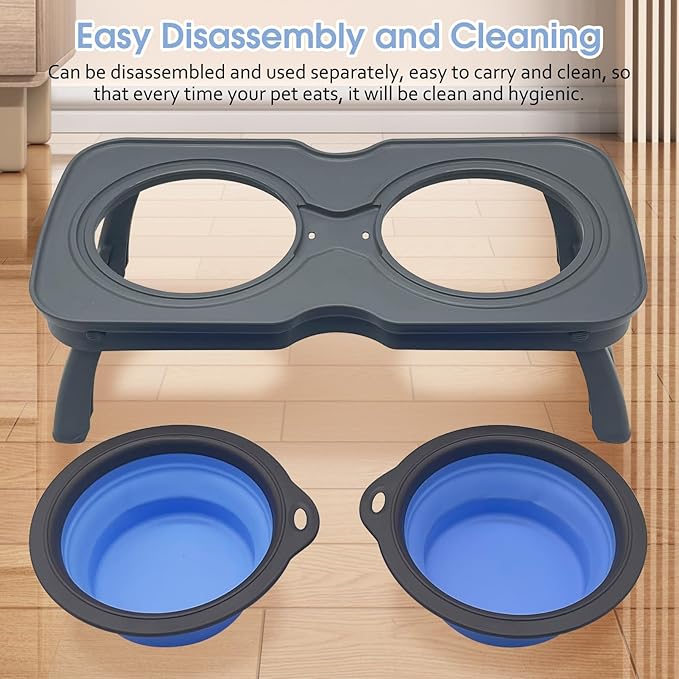 PINVNBY Elevated Portable Dog Bowl, Travel Raised Dog Stand with Collapsible Silicone Double Diner Puppy Bowls Non-Slip Dog Food Water Bowls Holder for Small Dogs and Cats - 14.6" L x 7.5" W x 3.9" H
