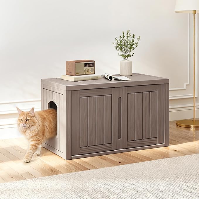 Hidden Cat Litter Box, Cat Litter Box Enclosure Furniture with Double Door, Indoor Outdoor Cat House, Adjustable Partition & Side End Table Design, Easy to Clean & Assemble(Grey)
