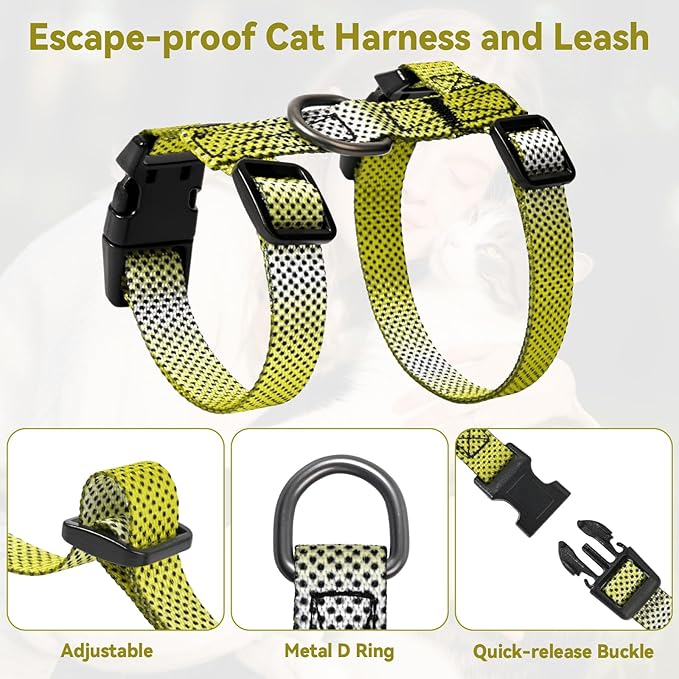 Cat Harness and Leash Set, 3-in-1 Escape Proof Adjustable, Comfortable Soft Lightweight, Safe, Easy to Wear, Walking Travel Kitten Harness for Small Medium Cats (Yellow)