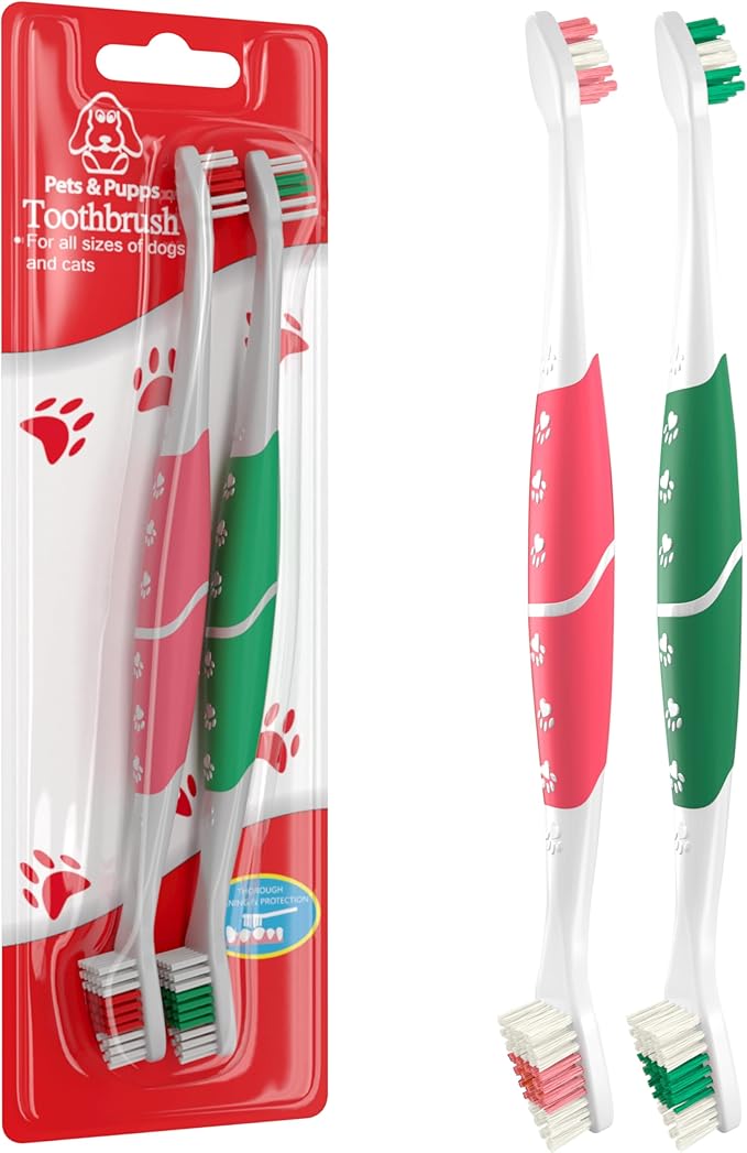 Pets & Pupps Dog Toothbrush for All Dogs, Soft-Bristled Tooth Brushing Kit, Easy Teeth Cleaning & Dental Care, Premium Non-Slip Handle Dual Head, Pet Toothpaste Not Included Pack of 2 Green & Pink