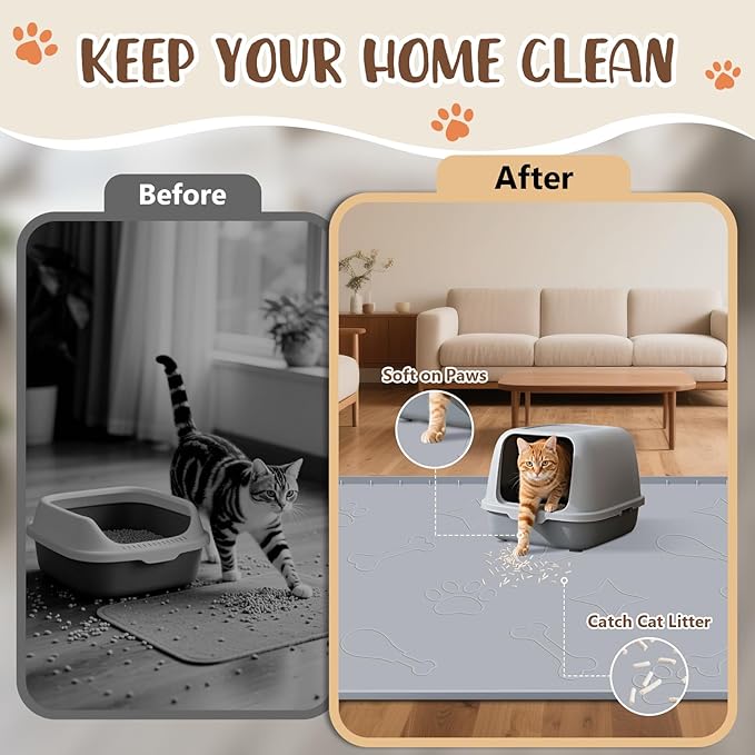 Silicone Cat Litter Mat with Collection Pocket, 42" x 28" Large Cat Litter Box Mat Waterproof Anti-Slip Litter Trapping Mat with Edge and Handle Pet Placemat for Floors (Light Grey)