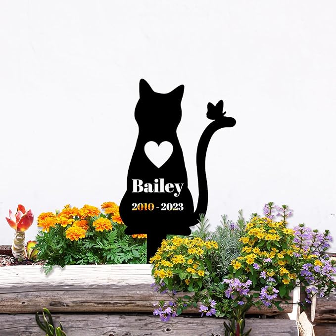 Personalized Butterfly Cat Memorial Grave Marker, Custom Memorial Cat Garden Stake Metal Pet Grave Marker, Customized Heart Cat Grave Marker Memorial Plaque Garden Cemetery Decoration
