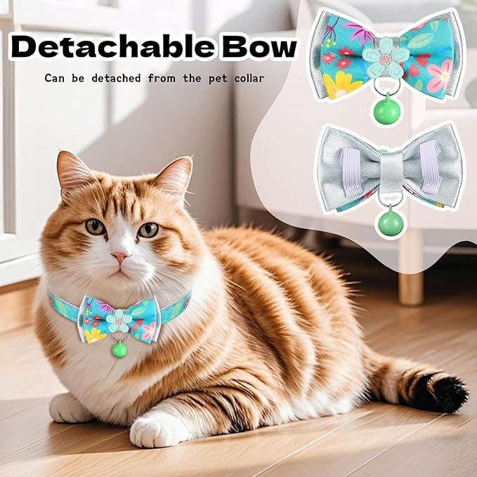 Cat Collar Breakaway, HYQHYX Floral Kitten Collar with Bell, Cute Cat Collar with Bow for Girl Boy Removable Bowtie (Pink + Green)