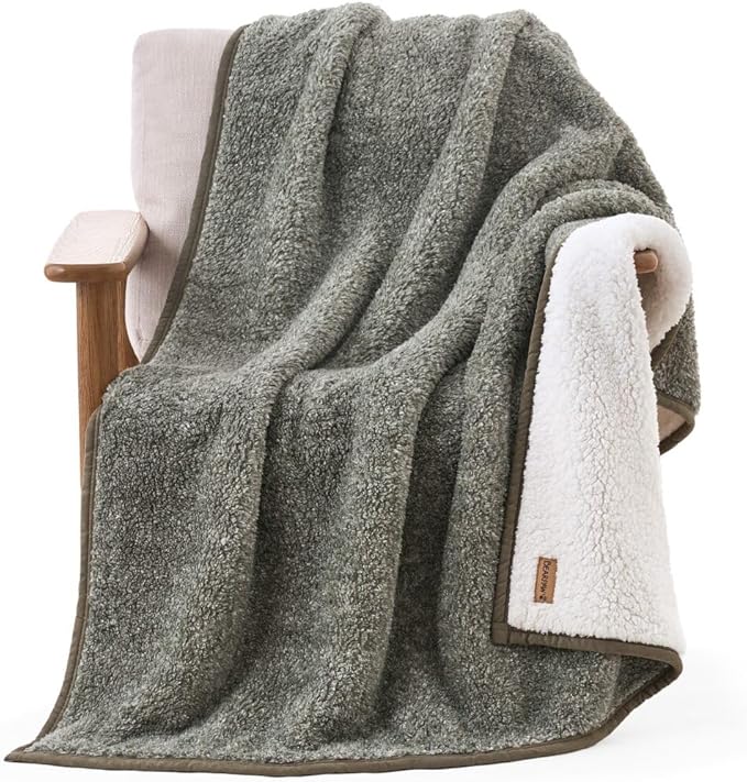 BEARPAW Sherpa Throw Blanket - Ultra Soft Plush Warm Reversible Fluffy Blanket for Bed Couch Sofa & Living Room Decor, House Decor, Room Decor Gifts for Women - 50"x70", Gray (Valley) (Green)