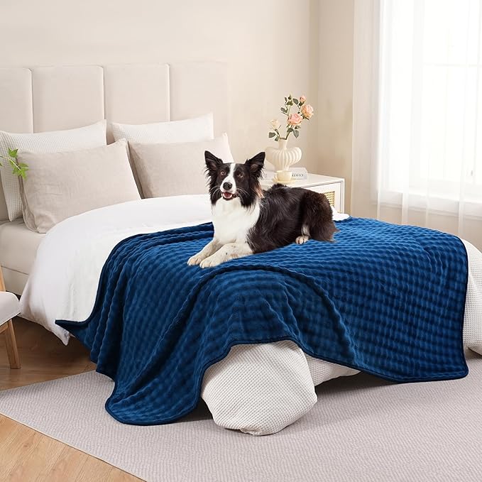Waterproof Blanket for Bed Couch Sofa Car, Soft Leakproof Dog Blanket with 3D Bubble Pattern, Reversible Water Proof Pet Blankets for Dogs Cats Puppies (60"x80", Navy Blue)