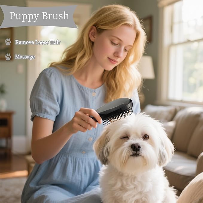 Comma-Shaped Small Dog Brush and Cleaning Comb, Fit for Yorkie, Shih Tzu, Maltese Maltipoo Pomeranian - Gentle Soft Bristles for Effortless Pet Hair Removal, Puppy Essentials (Black)
