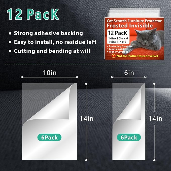 Couch Furniture Protectors from Cats Scratching Claws, 12 Pack Self-Adhesive Sofa Corner Protectors, Cat Claw Deterrent for Chair, Furniture (Single-Side)