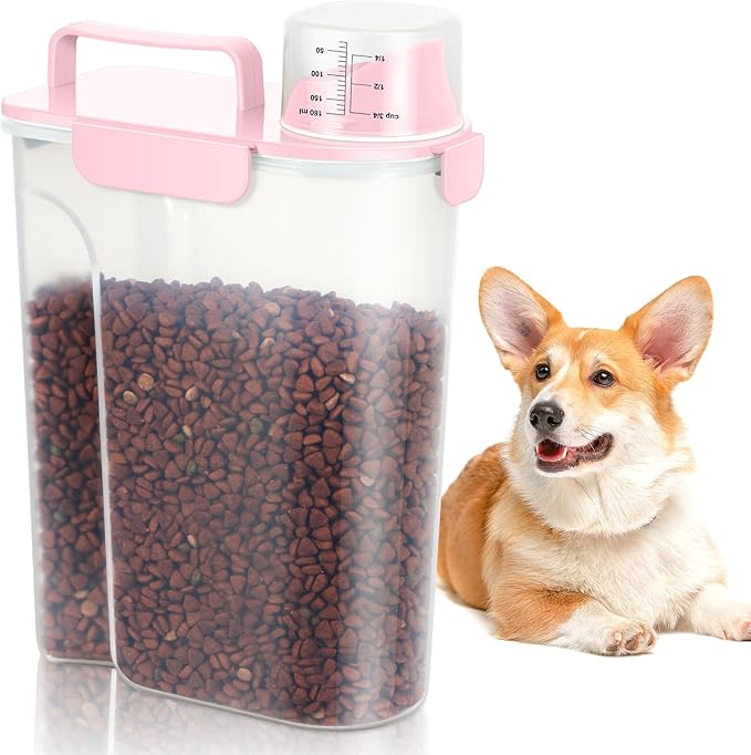 5-7 Lbs Dog Cat Food Storage Container, Portable Travel Pet Food Storage Container with Measuring Cup, Easy-Pouring Bird Seed Dispenser, Airtight Rice Cereal Oatmeal Flour Dispenser -Pink