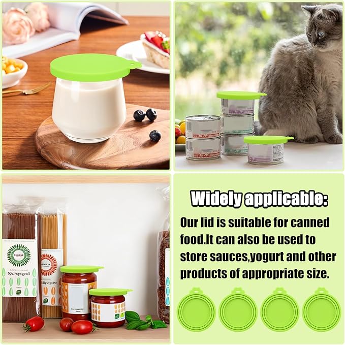 PINE & LINEN 4 Pcs Durable Pet Can Lids,One fit 3 Standard Size Silicone Waterproof Cat Food Cans Lids for 3oz/5.5oz/12.5oz/13.2oz Cat Food Cans（Green）