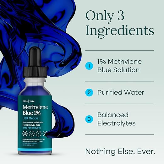Methylene Blue Drops - USP Pharmaceutical Grade 99.99% Pure 1% Solution for Energy, Focus, Clarity, Cognition & Cellular Support - 3rd Party Tested, Formaldehyde-Free, Made in USA, 2oz Tincture