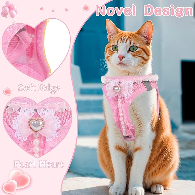 Cat Harness and Leash Set,Escape Proof Adjustable Kitten Harness with Cute Pink Bow,Breathable Reflective Strips Harness for Kitty Puppy Bunny for Walk Travel and Indoor Use (Pink XS)