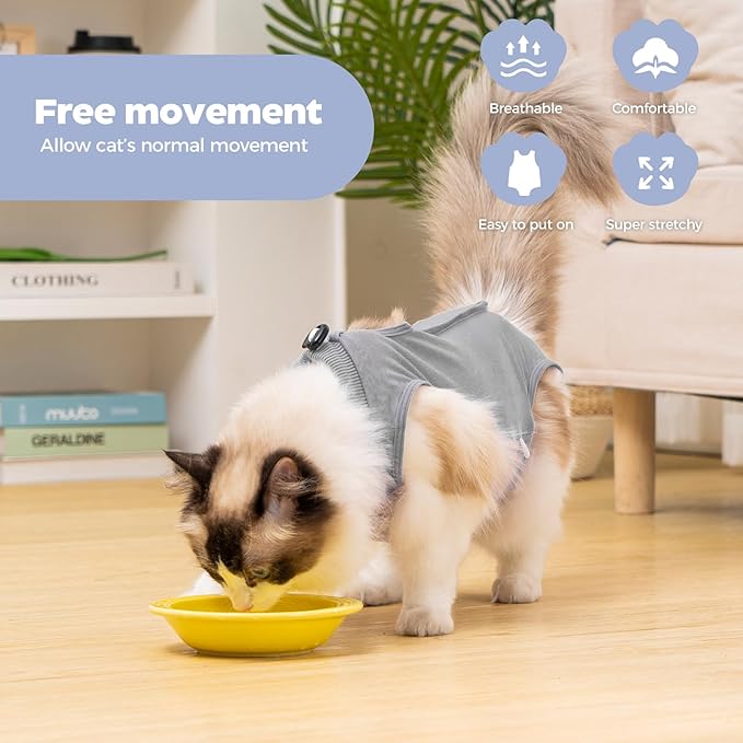 Avont Cat Recovery Suit Female Kitten After Spay Surgery, Breathable Modal Cotton Cat Onesie for Wound & Skin Disease Care, Machine Washable -Grey(S)